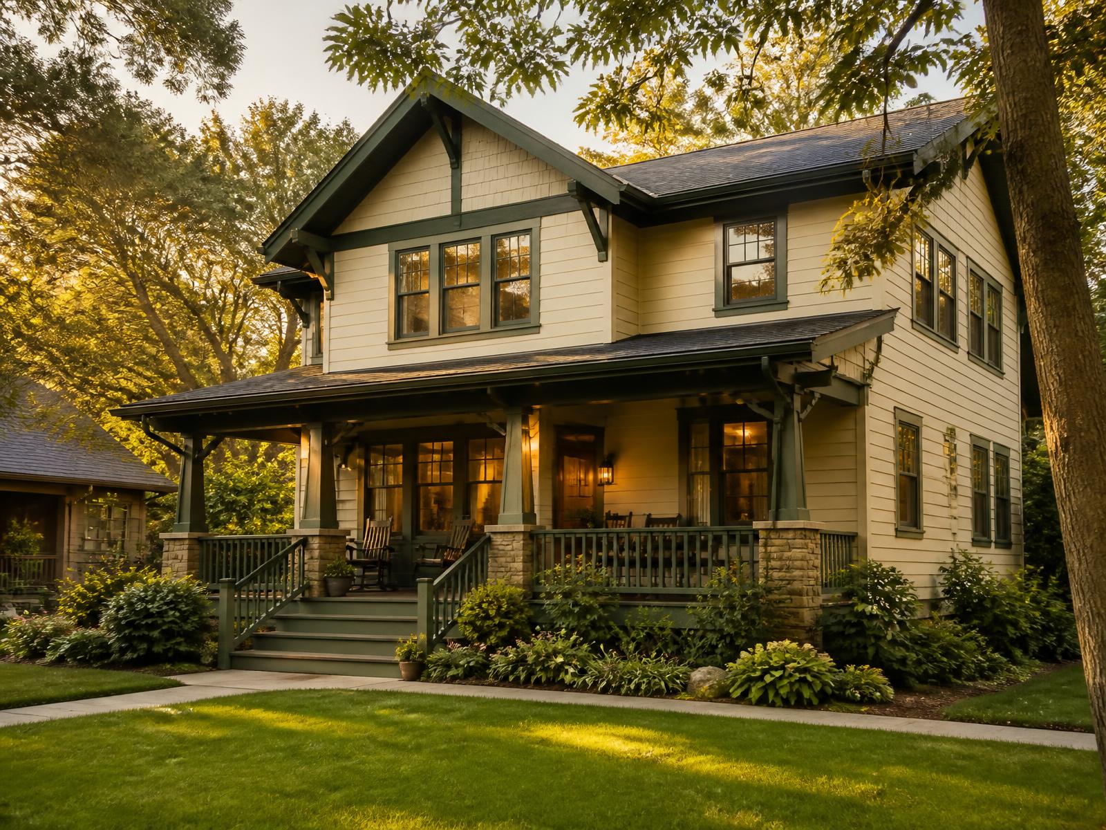 A welcoming two-story home with a covered front porch and a green lawn on a bright day