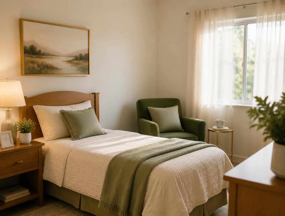 A warm, inviting private bedroom with a neatly made bed, soft morning light, sage accents, and a comfortable reading chair