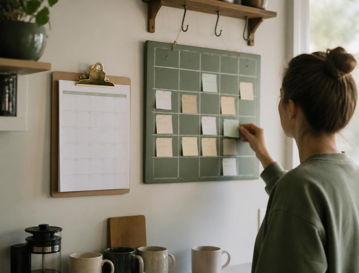 A person adding a note to a household schedule board in a bright kitchen
